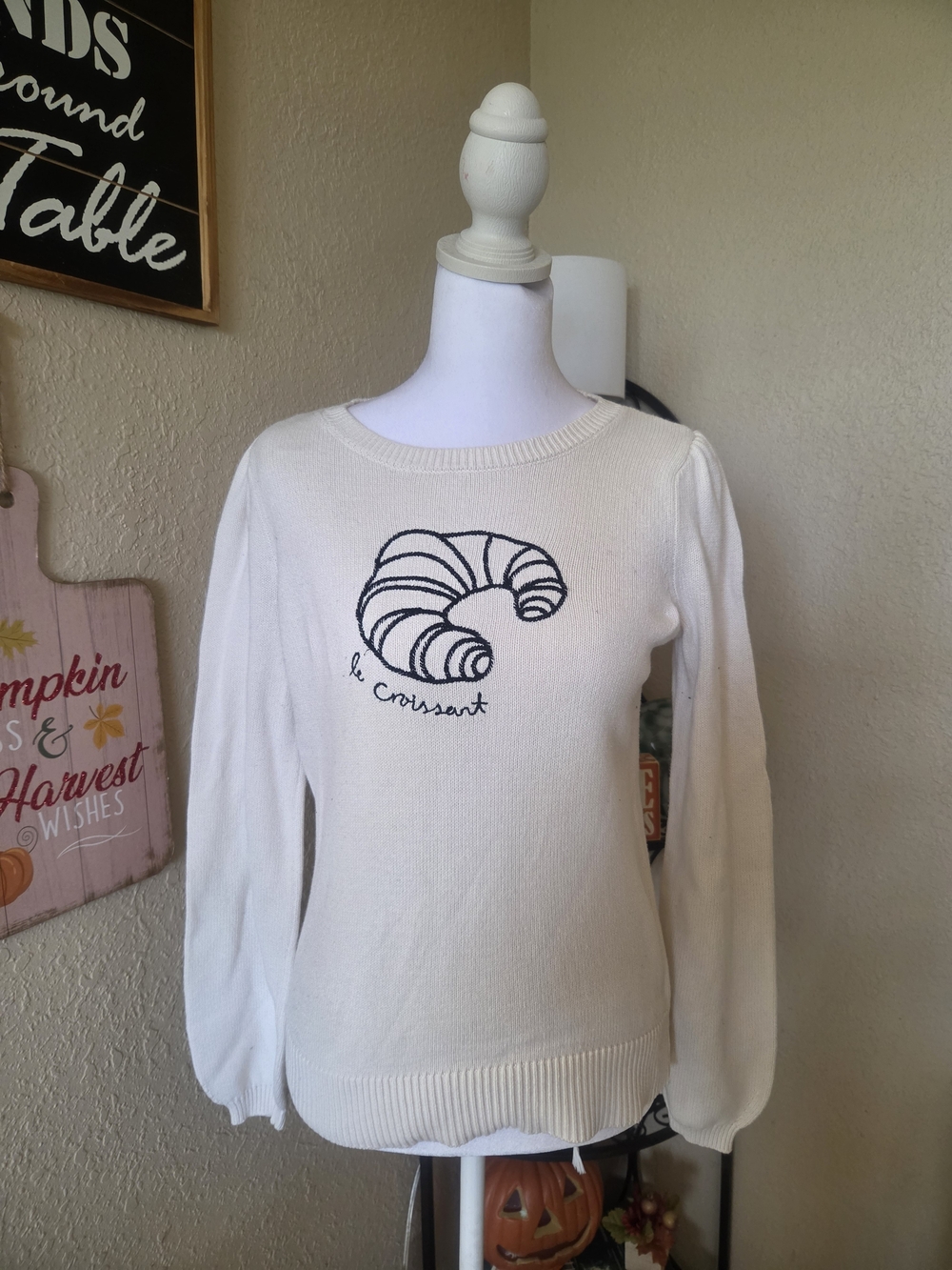 LOFT Cream Crewneck Sweater with Croissant Motif